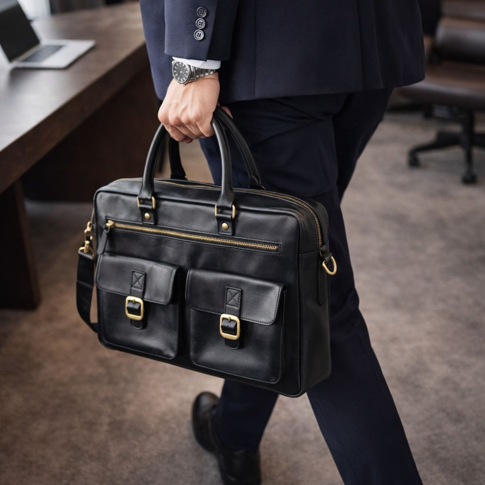 Handmade Full Grain Leather Laptop Bag for Men – Black – EenaCrafts
